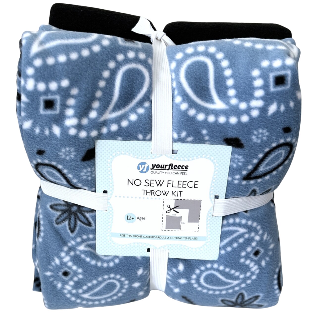 Bandana Handkerchief Blue Anti-Pill Premium No-Sew Throw Fleece Fabric Kit (72x60) with Navy Blue